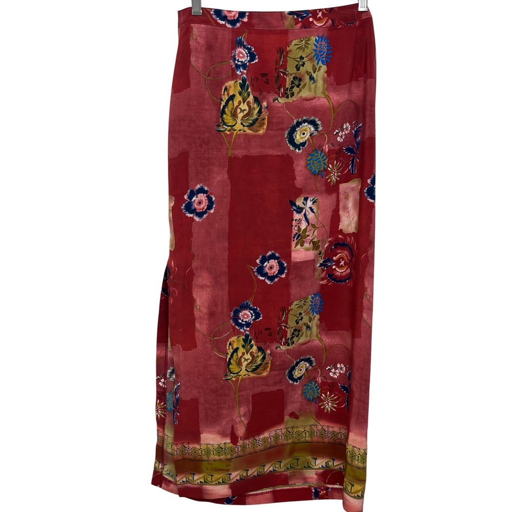 VTG Tribal Skirt Rust Floral Botanical Bohemian Maxi Column Side Slit Zipper 8